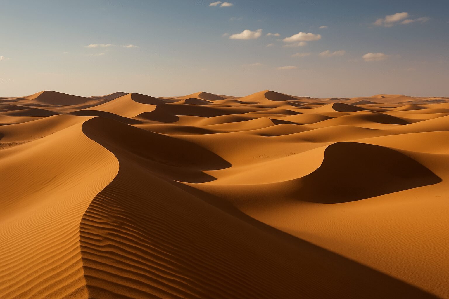 Golden sand dunes and wind-shaped ripples across the Sahara Desert in Egypt