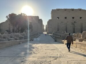 Rows of ram-headed sphinx statues lining a processional avenue at Karnak Temple in Luxor