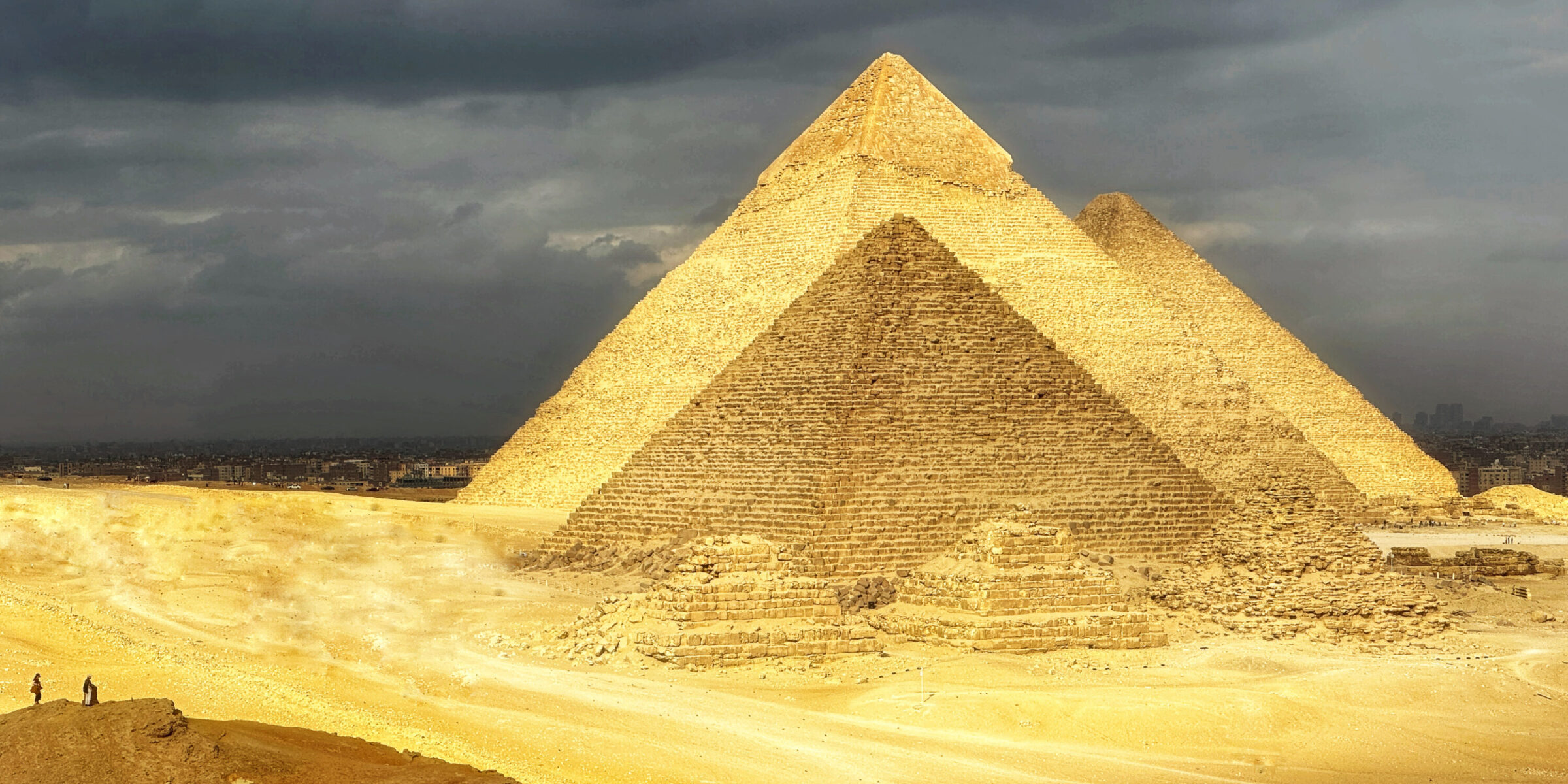 Pyramids of Menkaure, Khafre and Khufu on the Giza Plateau, builders known in Greek as Mycerinus, Chephren and Cheops
