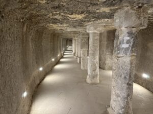Long underground corridor inside the southern entrance of the Step Pyramid of Djoser at Saqqara, approaching the inner burial chamber