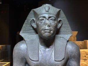 Black granite statue of King Senwosret III, 12th Dynasty Middle Kingdom, displayed in the Egyptian Museum in Cairo