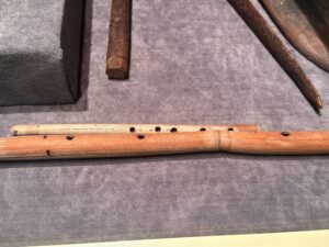 Ancient Egyptian reed flutes with finger holes displayed among wind instruments in the Egyptian Museum in Cairo