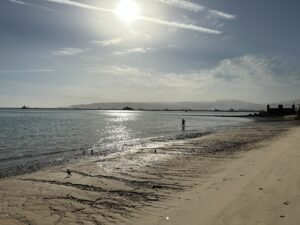 Sun shining over a calm Red Sea shoreline with wet sand, distant low mountains, and a person near the water