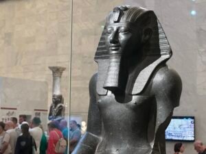 Black granite statue of King Thutmose III from Karnak, 18th Dynasty New Kingdom, displayed at the National Museum of Egyptian Civilization in Cairo