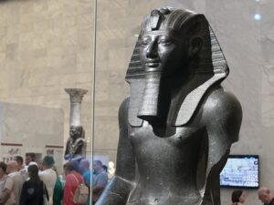 Black granite statue of King Thutmose III from Karnak, 18th Dynasty New Kingdom, displayed at the National Museum of Egyptian Civilization in Cairo