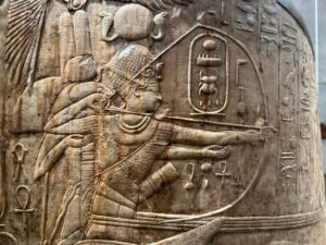 Close view of Thutmose IV on his state chariot, CG 46097, with the Menkheperure cartouche and royal battle scene against Asiatic enemies, NMEC Cairo