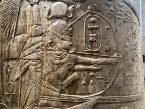 Close view of Thutmose IV on his state chariot, CG 46097, with the Menkheperure cartouche and royal battle scene against Asiatic enemies, NMEC Cairo