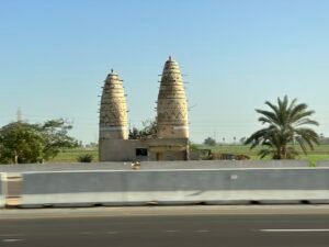 Two tall conical pigeon towers beside green farmland and palm trees in rural Egypt