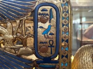Tutankhamun’s royal cartouche in blue and gold on the winged-serpent arm of his Golden Throne, JE 62028, from tomb KV62