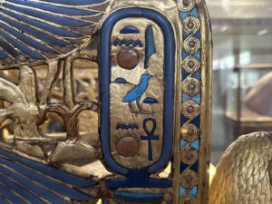 Tutankhamun’s royal cartouche in blue and gold on the winged-serpent arm of his Golden Throne, JE 62028, from tomb KV62