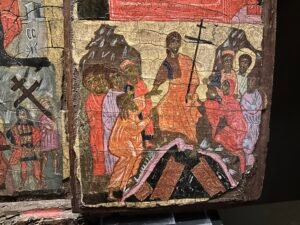 Christ with a cross in the Harrowing of Hell scene from a 13th-century Passion triptych at the Coptic Museum in Cairo