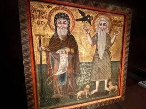 18th-century Coptic icon by Yuhanna al-Armani showing Saint Antony visiting Saint Paul the Hermit, from Abu Sefein Monastery in Old Cairo