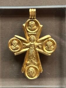Close view of Christ and four saint busts on Byzantine gold pectoral cross inventory 3482, probably Constantinople, AD 600–650, Coptic Museum Cairo