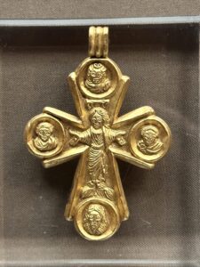 Close view of Christ and four saint busts on Byzantine gold pectoral cross inventory 3482, probably Constantinople, AD 600–650, Coptic Museum Cairo