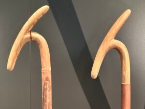 Two ancient Egyptian wooden staffs with distinctive curved fork-like handles displayed at the Grand Egyptian Museum