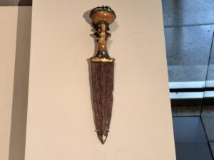 Small ceremonial dagger of Queen Ahhotep, JE 4668 and CG 52660, with gilded bronze blade and discoid pommel, from Dra Abu el-Naga and displayed at the Grand Egyptian Museum