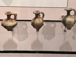 Three Dynasty 13–Second Intermediate Period Tell el-Yahudiya Ware juglets from Avaris (Tell el-Dab'a) with distinctive punctured geometric decoration, Grand Egyptian Museum in Giza