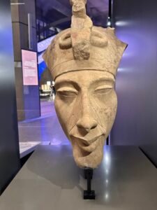 Colossal limestone statue head of Pharaoh Akhenaten, GEM 2220, from the Aten Temple at Karnak and displayed at the Grand Egyptian Museum in Giza