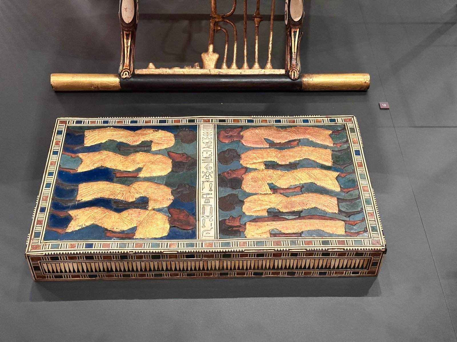 Nine Bows footstool of Tutankhamun, JE 62045 / Carter 378, with nine bound African and Asiatic captives and central hieroglyphic inscription