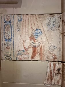 Painted limestone Shrine of Panehsy, JE 65041, from house R44.2 at Akhetaten, showing Pharaoh Akhenaten and Queen Nefertiti making offerings beneath the hand-ended rays of the Aten, Egyptian Museum Cairo