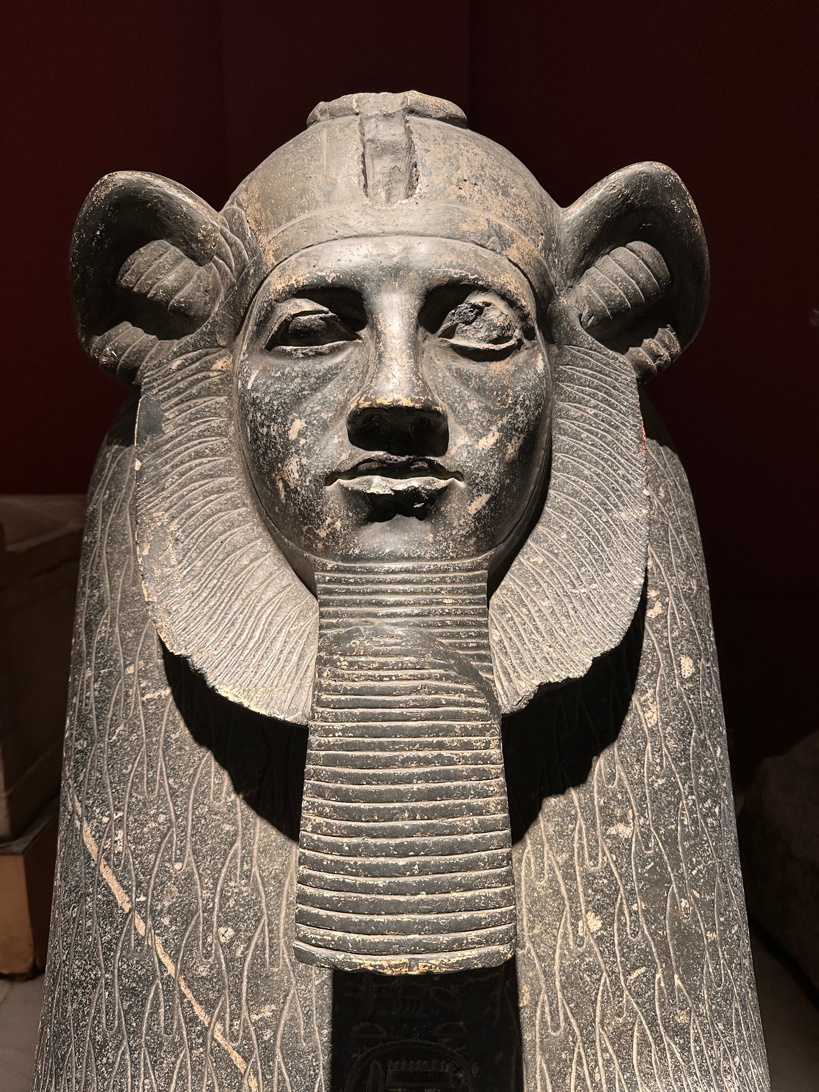 Close frontal view of Pharaoh Amenemhat III on the grey granite Tanis sphinx, JE 15210 / CG 394, showing the lion mane, royal beard and weathered face in the Egyptian Museum in Cairo