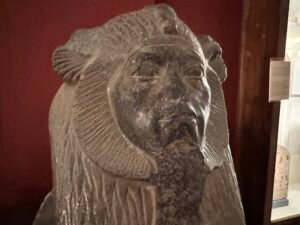 Weathered side view of Pharaoh Amenemhat III's face on the grey granite Tanis sphinx, JE 15210 / CG 394, with lion mane and damaged beard at the Egyptian Museum in Cairo