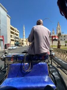 View from a blue horse-drawn carriage traveling along a Cairo street with churches, minarets, and Egyptian flags