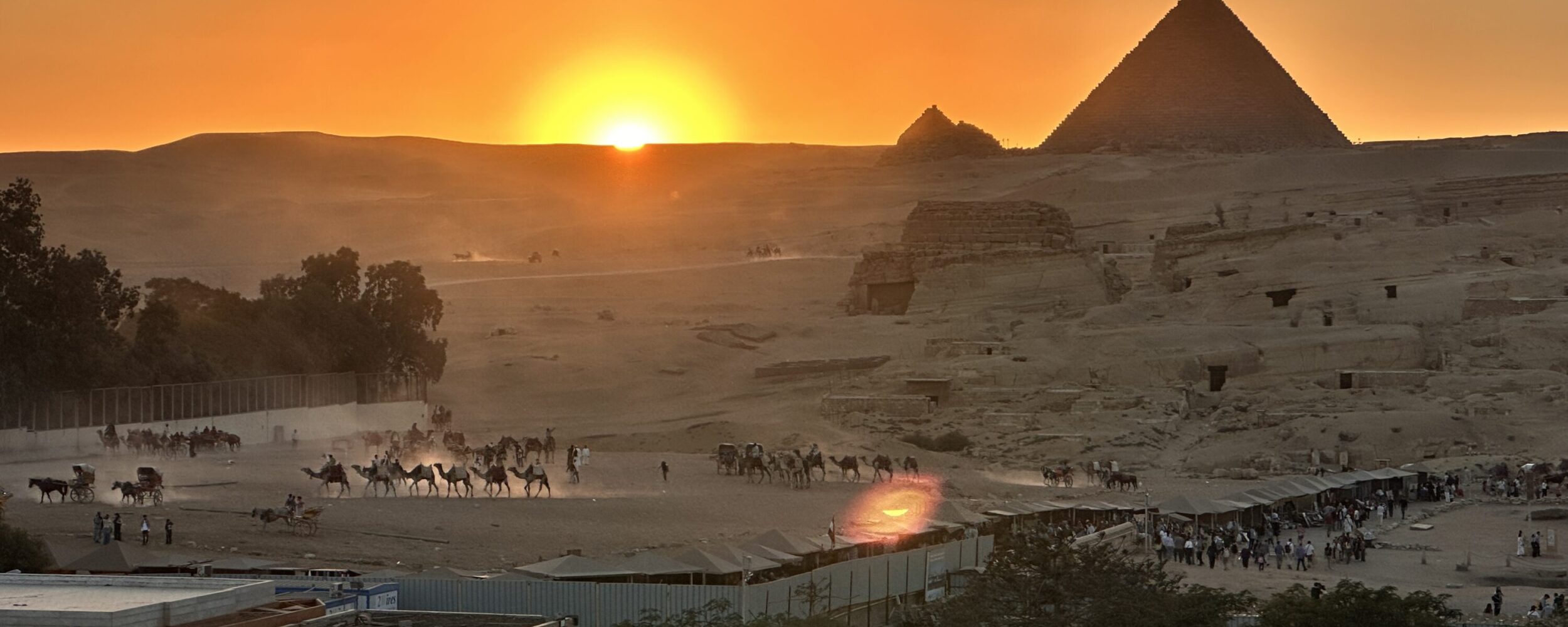 Pyramids of Khafre and Menkaure at sunset on the Giza Plateau, Egypt
