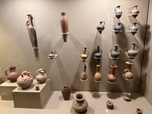 Display of ancient pottery jars, bottles, bowls and handled vessels at Tell Basta Museum in Zagazig, near the archaeological site of ancient Bubastis in Egypt's eastern Nile Delta