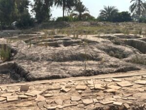 Excavated mudbrick foundations and archaeological trenches at Tell Basta, ancient Bubastis, in modern Zagazig in Egypt's eastern Nile Delta