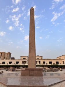 Red granite obelisk of Pharaoh Senusret I, 12th Dynasty, standing at the ancient Temple of Ra-Atum at Heliopolis in Matariya, Cairo