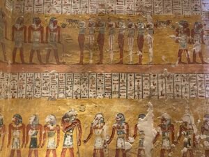 Painted Book of Gates scene with rows of underworld deities and hieroglyphic text inside the burial chamber of Ramesses IV, KV2, in the Valley of the Kings near Luxor