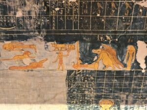 Painted underworld scene with crocodile and composite deities, reclining figures and hieroglyphic registers inside the Tomb of Ramesses IX, KV6, in the Valley of the Kings