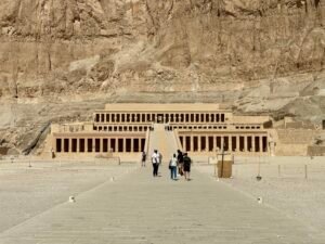 Three terraced levels and central ramp of Pharaoh Hatshepsut's 18th-Dynasty mortuary temple Djeser-Djeseru beneath the cliffs of Deir el-Bahari on Luxor's west bank