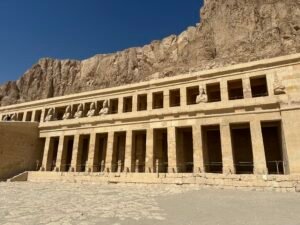 Upper and middle stone colonnades of Hatshepsut's 18th-Dynasty mortuary temple Djeser-Djeseru at Deir el-Bahari on Luxor's west bank