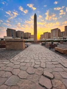 Standing obelisk of Senusret I at the ancient site of Heliopolis in Cairo, Egypt