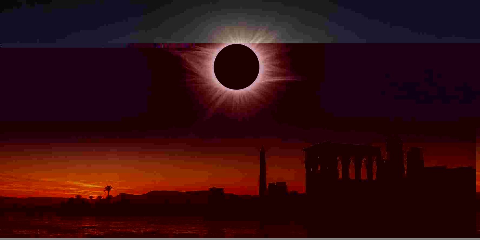 Total solar eclipse above Luxor, Egypt, with ancient temple ruins and the Nile at sunset