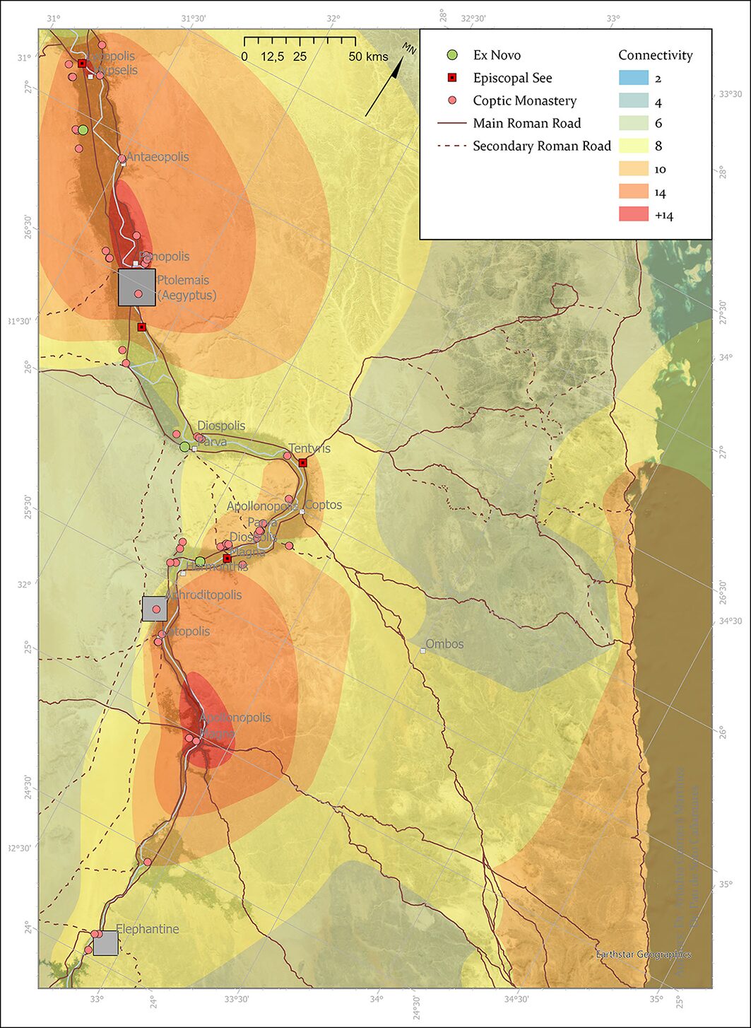 Map modeling transport routes and Christian settlements in the Thebaid region of Egypt