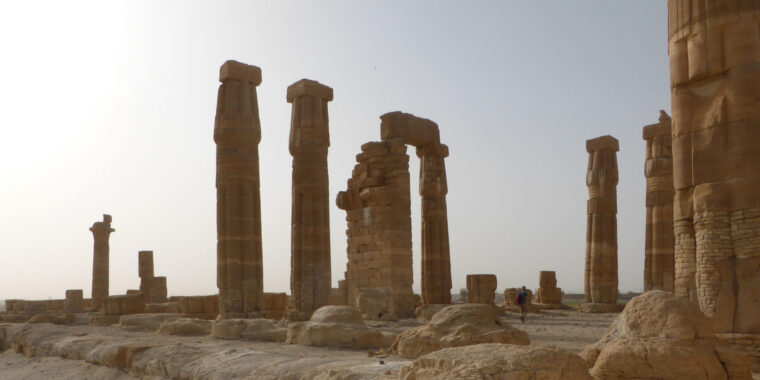 Ruins and standing columns of the Temple of Soleb in northern Sudan, built by Pharaoh Amenhotep III